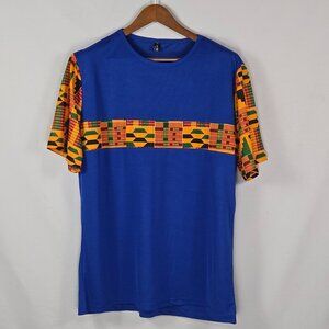 Luc Matton XL Blue Kente Cloth Dashiki Style Tee African Heritage Tribal Print